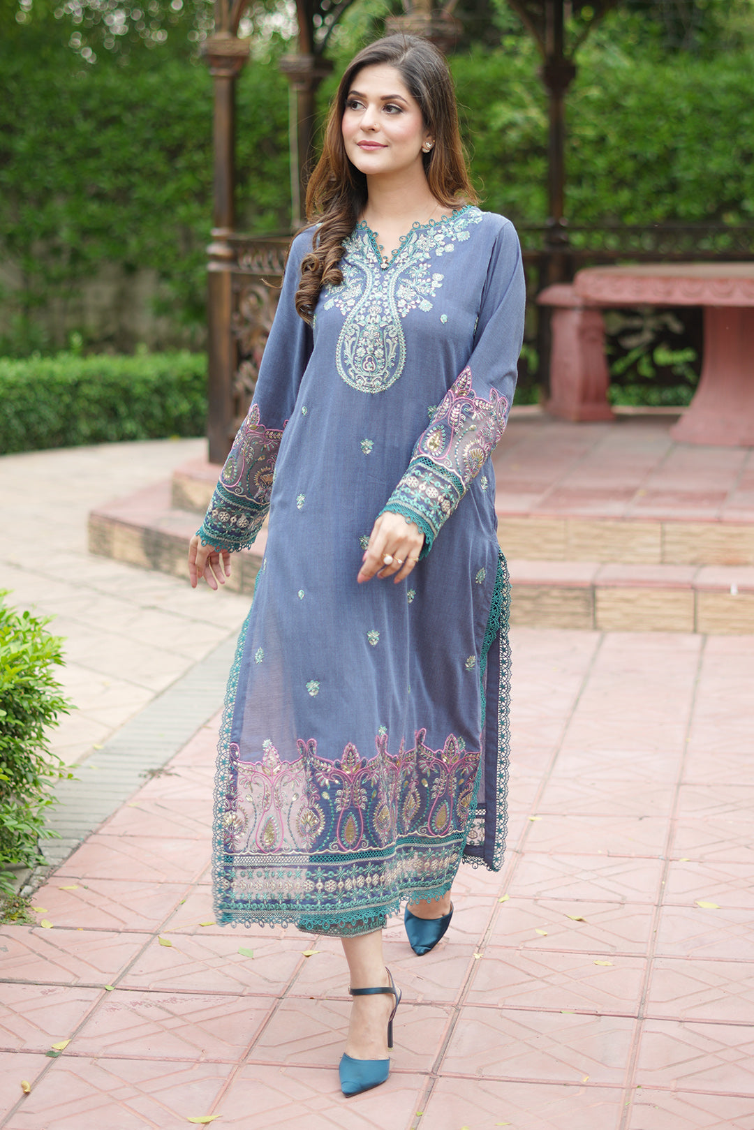 2 Piece - Dyed Embroidered Chambray Suit P0803