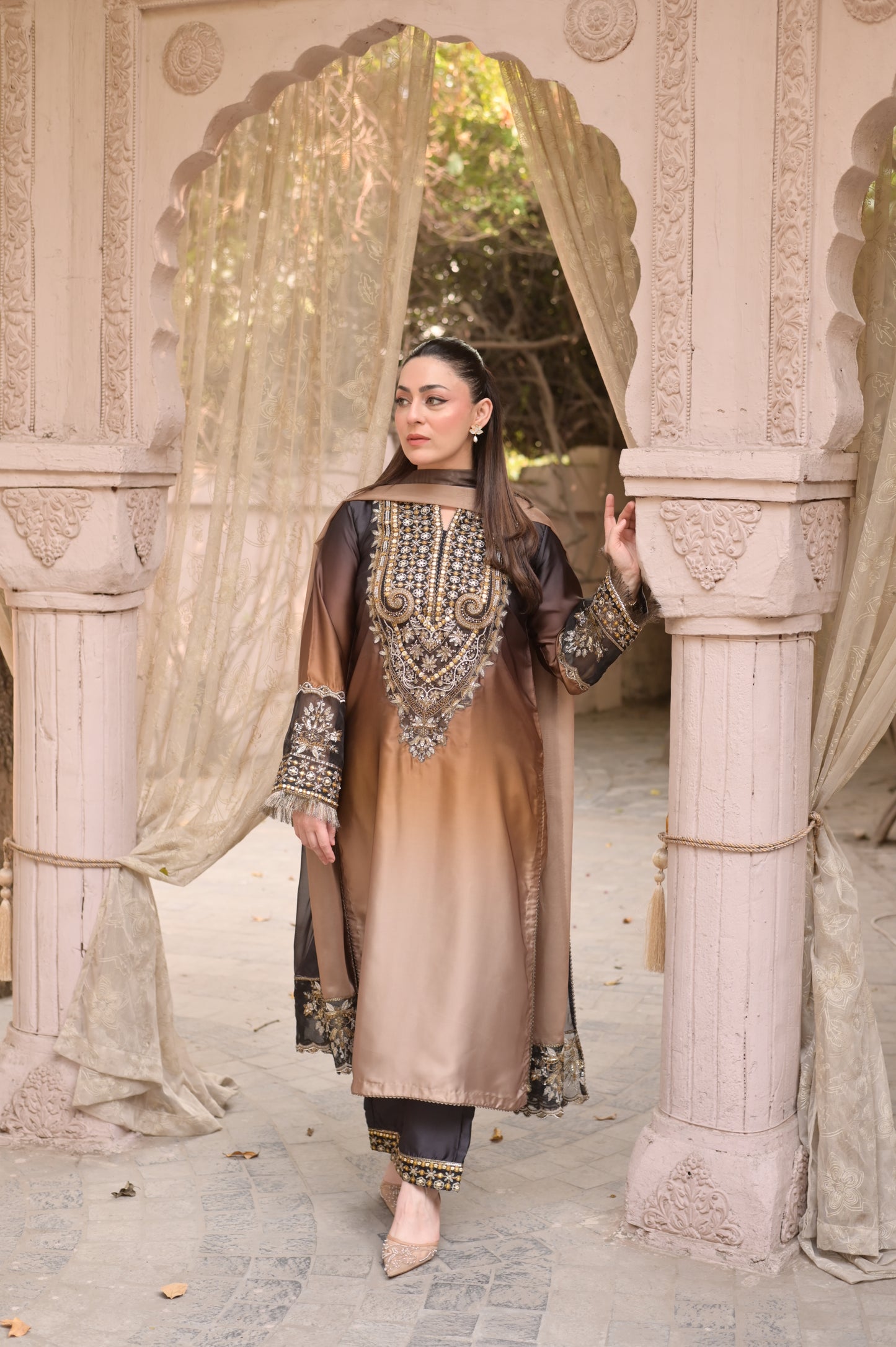 3 Piece - Embroidered Shamoz Silk Suit LFP1154