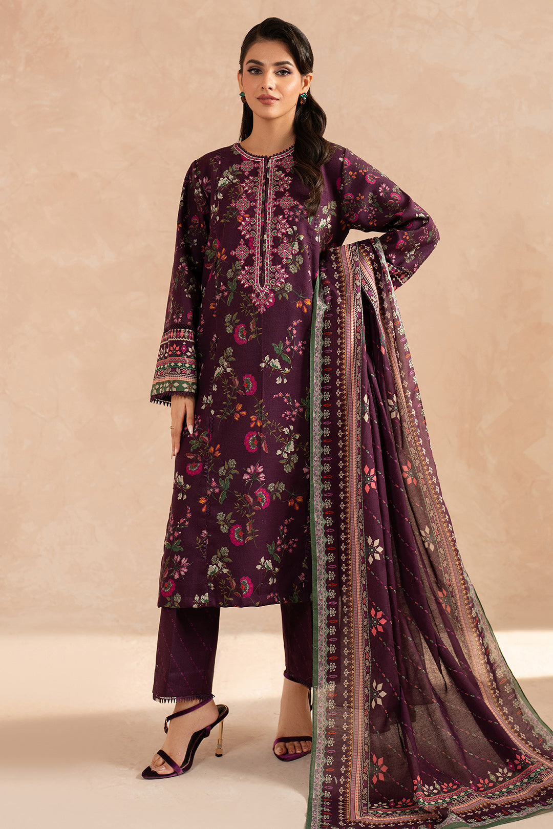 3 Piece - Embroidered Digital Printed Khaddar Suit U001181