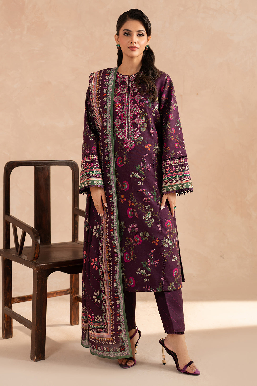 3 Piece - Embroidered Digital Printed Khaddar Suit U001181