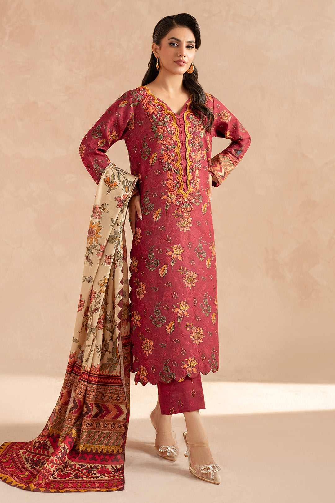 3 Piece - Embroidered Digital Printed Khaddar Suit U001183