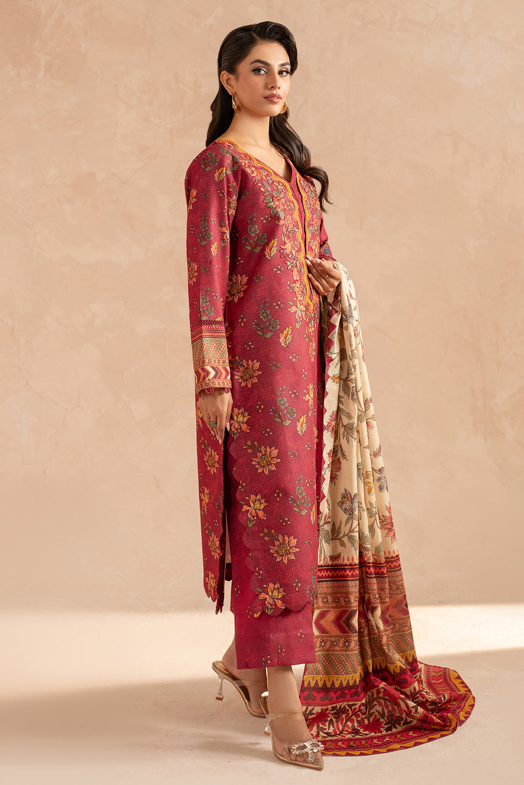 3 Piece - Embroidered Digital Printed Khaddar Suit U001183