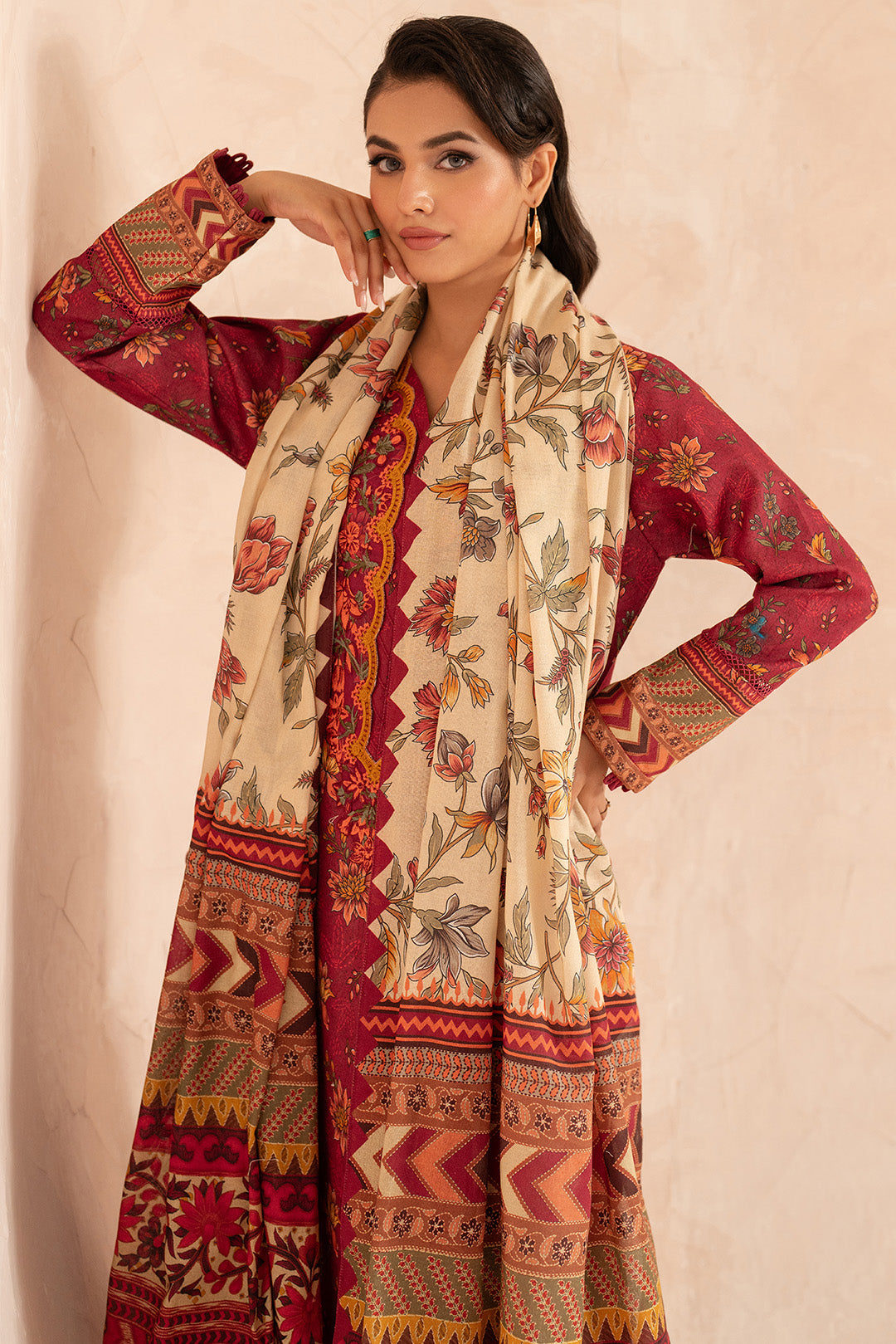 3 Piece - Embroidered Digital Printed Khaddar Suit U001183