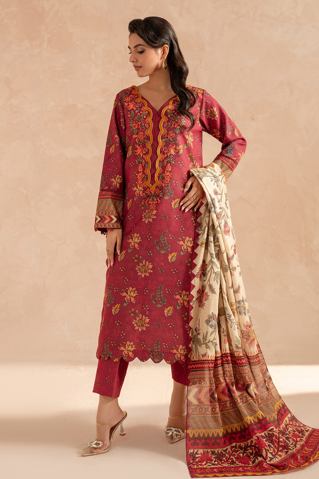 3 Piece - Embroidered Digital Printed Khaddar Suit U001183