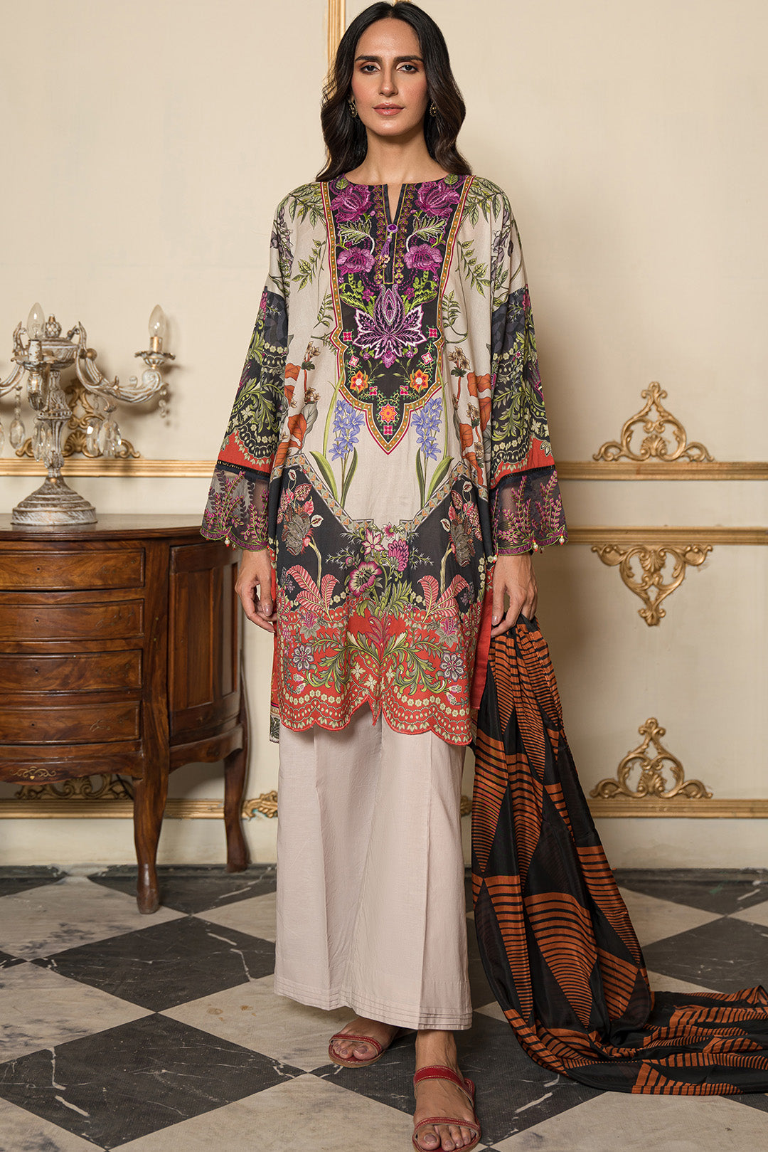 3 Piece - Embroidered Digital Printed Cotton Cambric Suit U0760