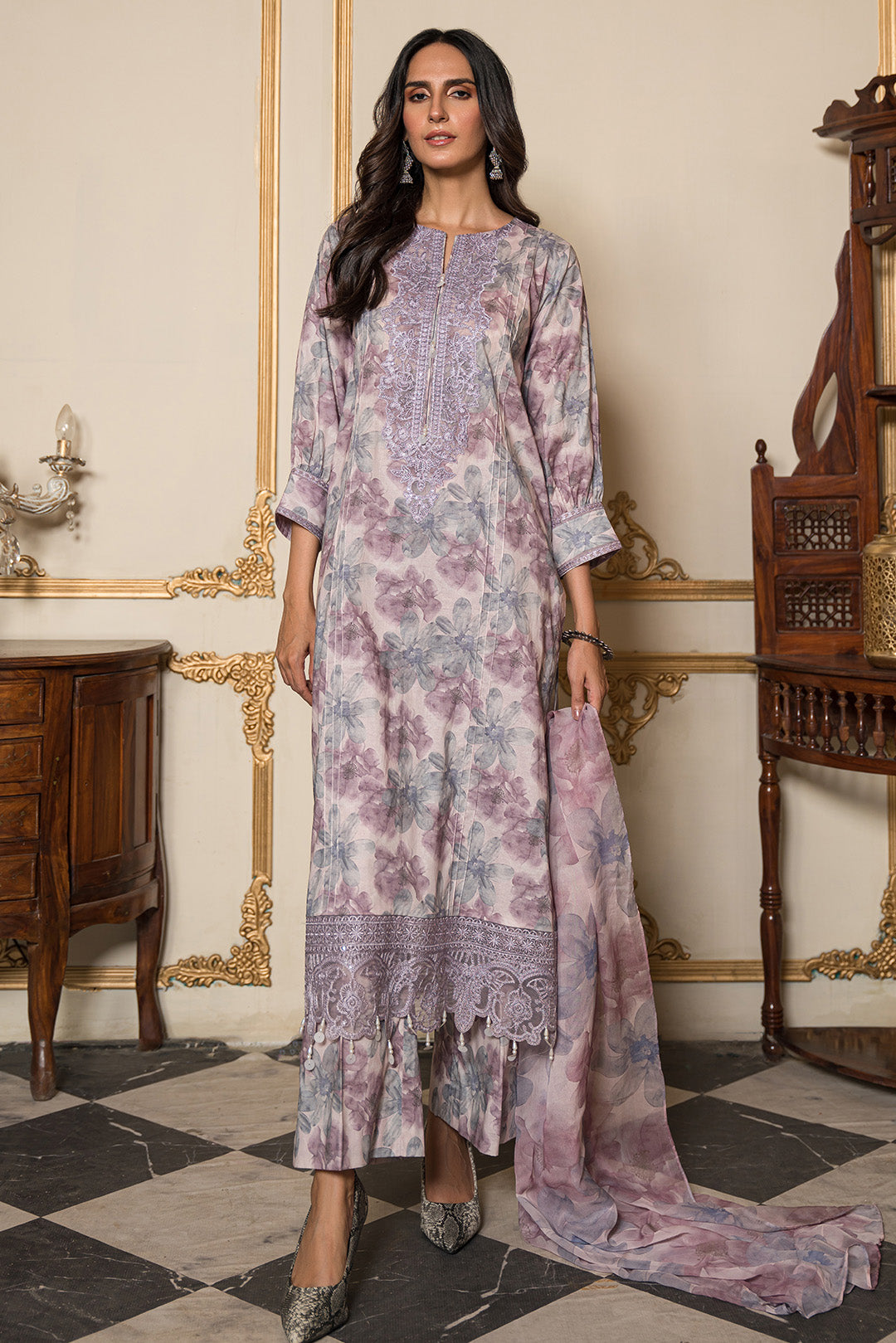 3 Piece - Embroidered Digital Printed Cotton Cambric Suit U0854A