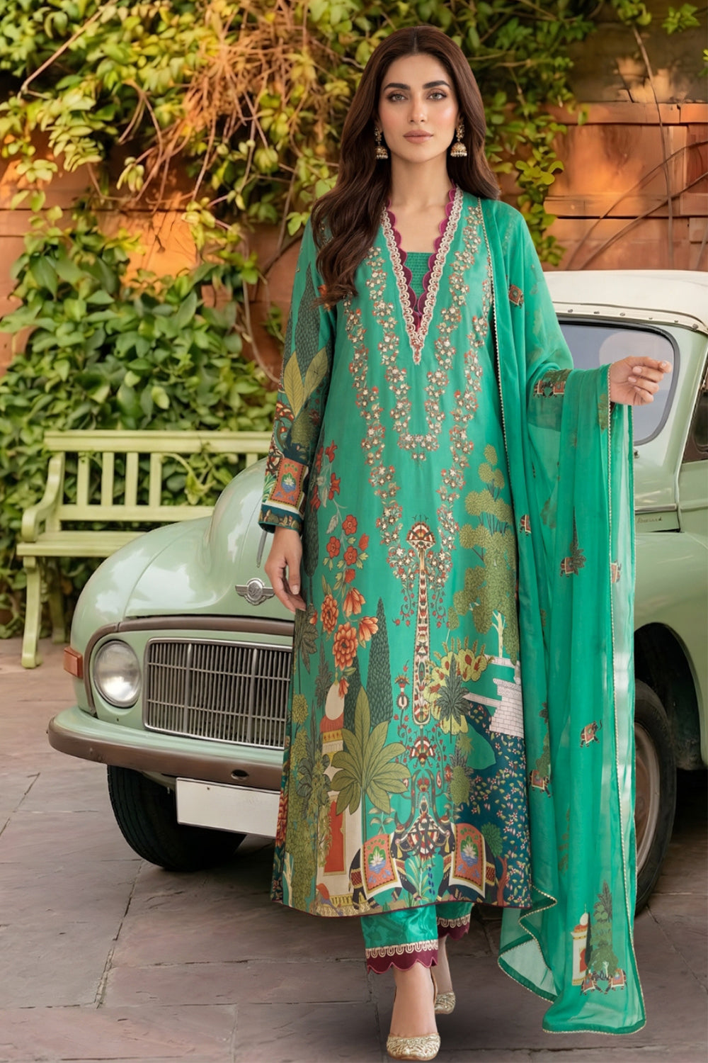 3 Piece - Embellished Printed Shamoz Silk Suit LFP1166