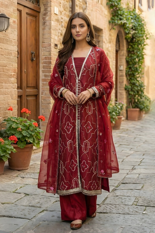 3 Piece - Embroidered Korean Silk Suit LFP1131