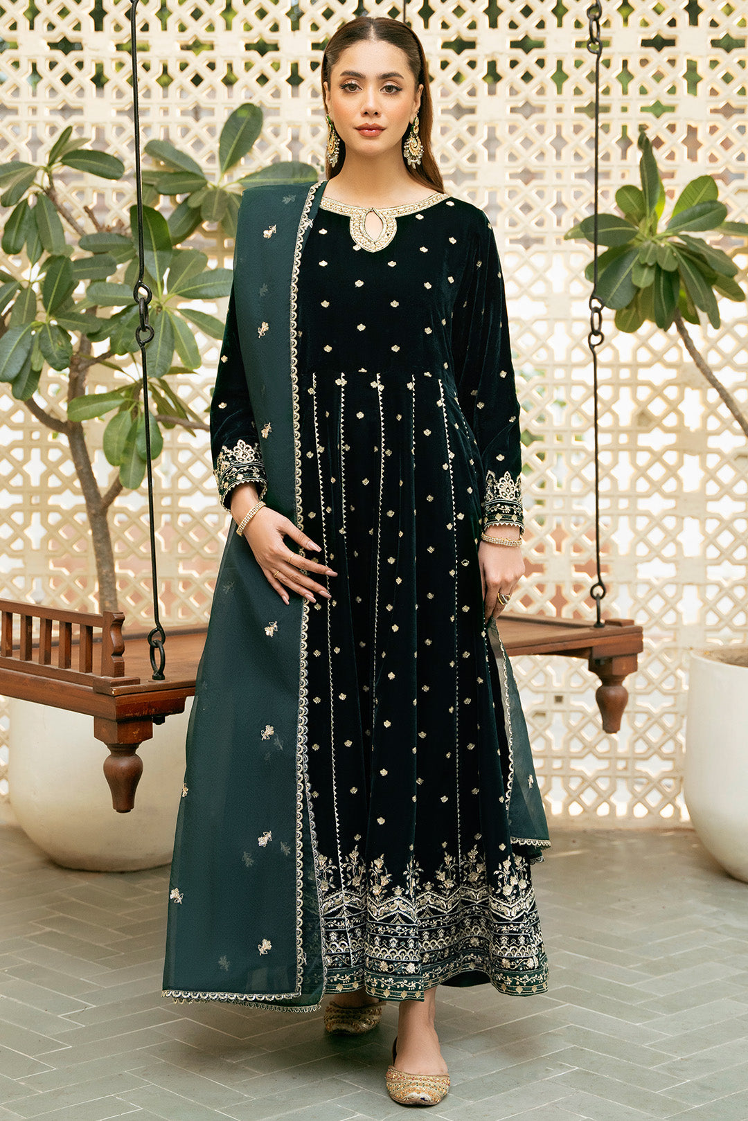 2 Piece - Embroidered Premium Velvet Suit V1008