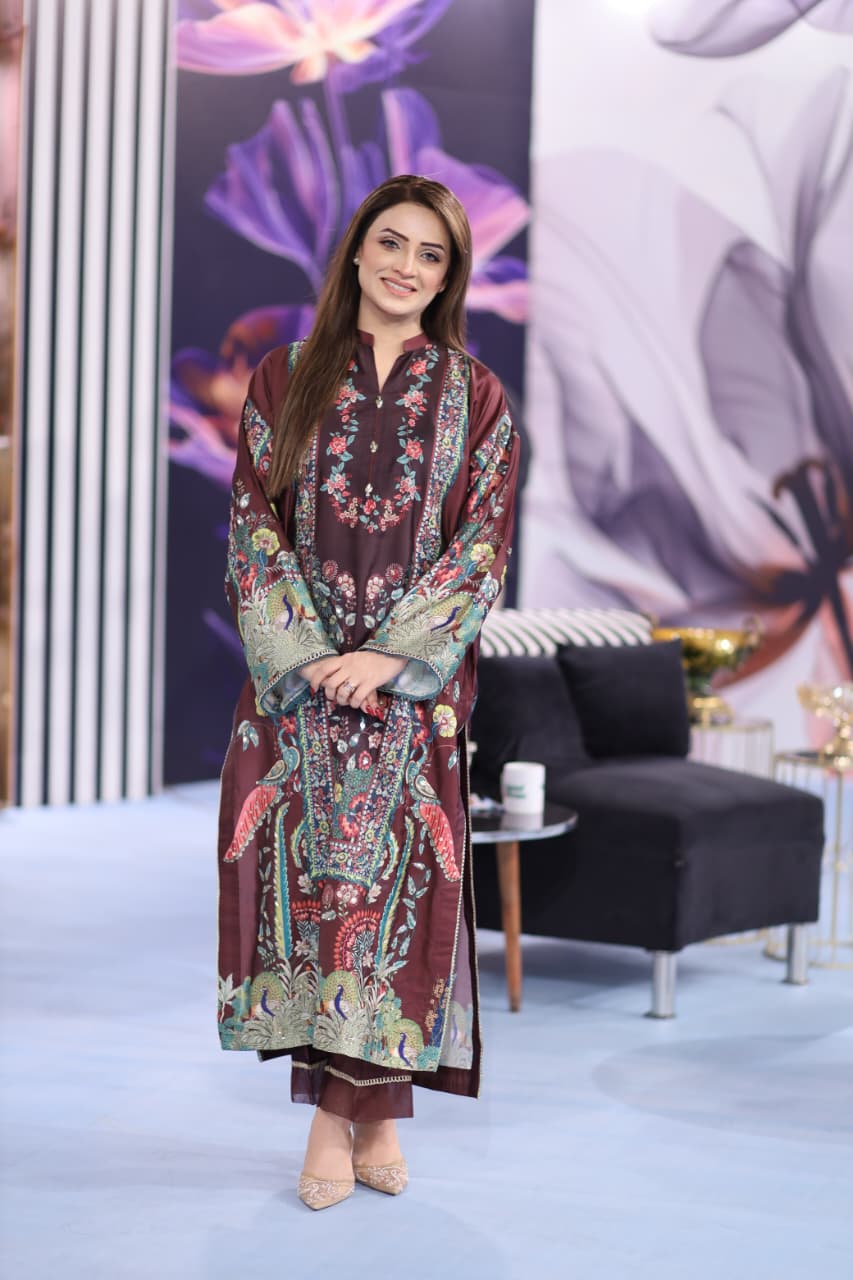 3 Piece - Embellished Printed Shamoz Silk Suit LFP1158