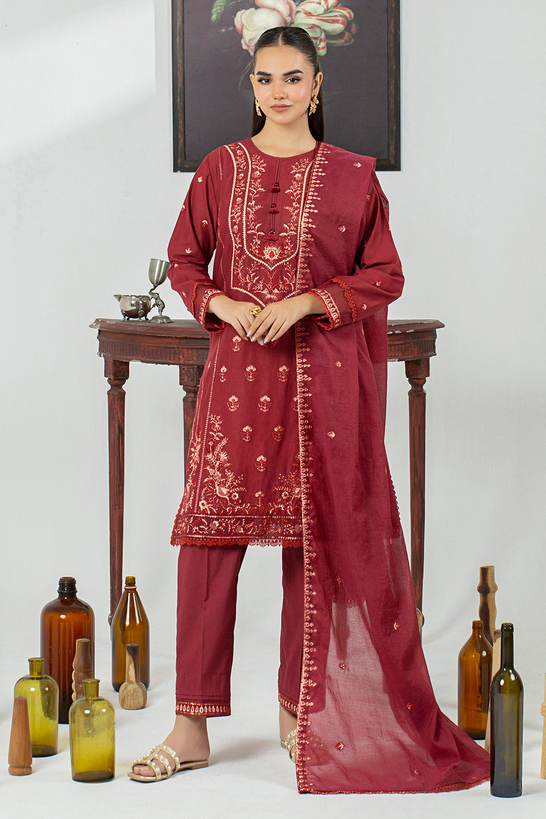 3 Piece - Embroidered Cotton Cambric Suit P001033