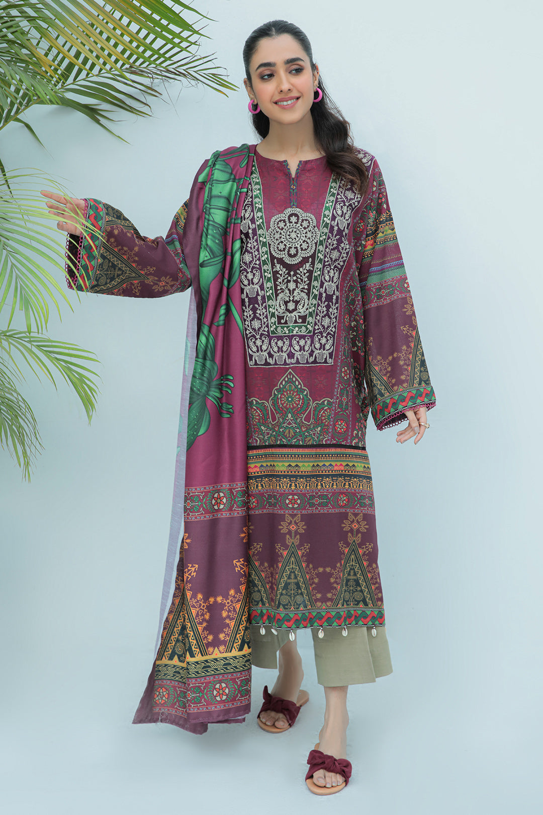 2 Piece - Embroidered Printed Plain Khaddar Suit P0023A