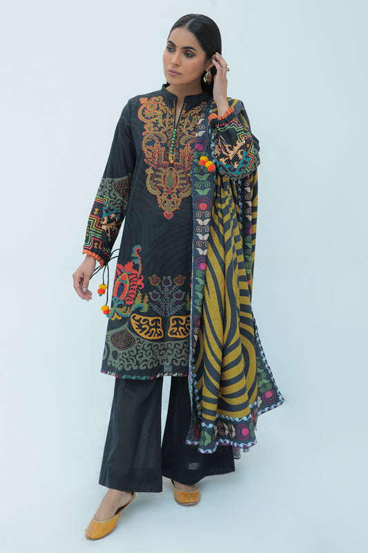 3 Piece - Embroidered Digital Printed Plain Khaddar Suit P0030A