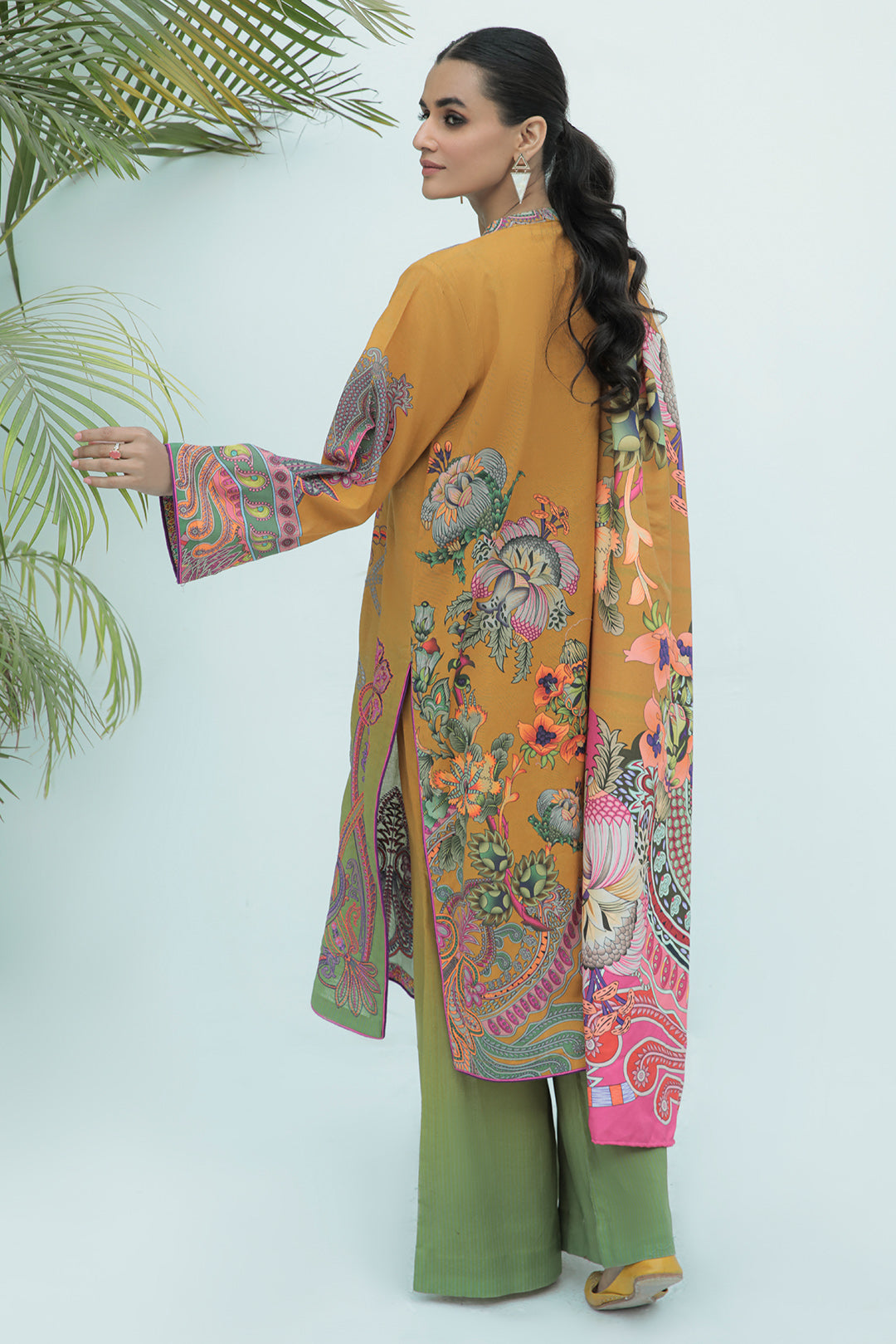 3 Piece - Embroidered Digital Printed Plain Khaddar Suit P0040