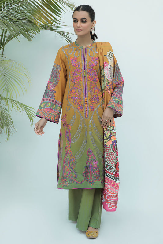 3 Piece - Embroidered Digital Printed Plain Khaddar Suit P0040