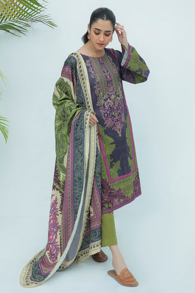 3 Piece  - Digital Printed Embroidered Plain Khaddar Suit P0041A