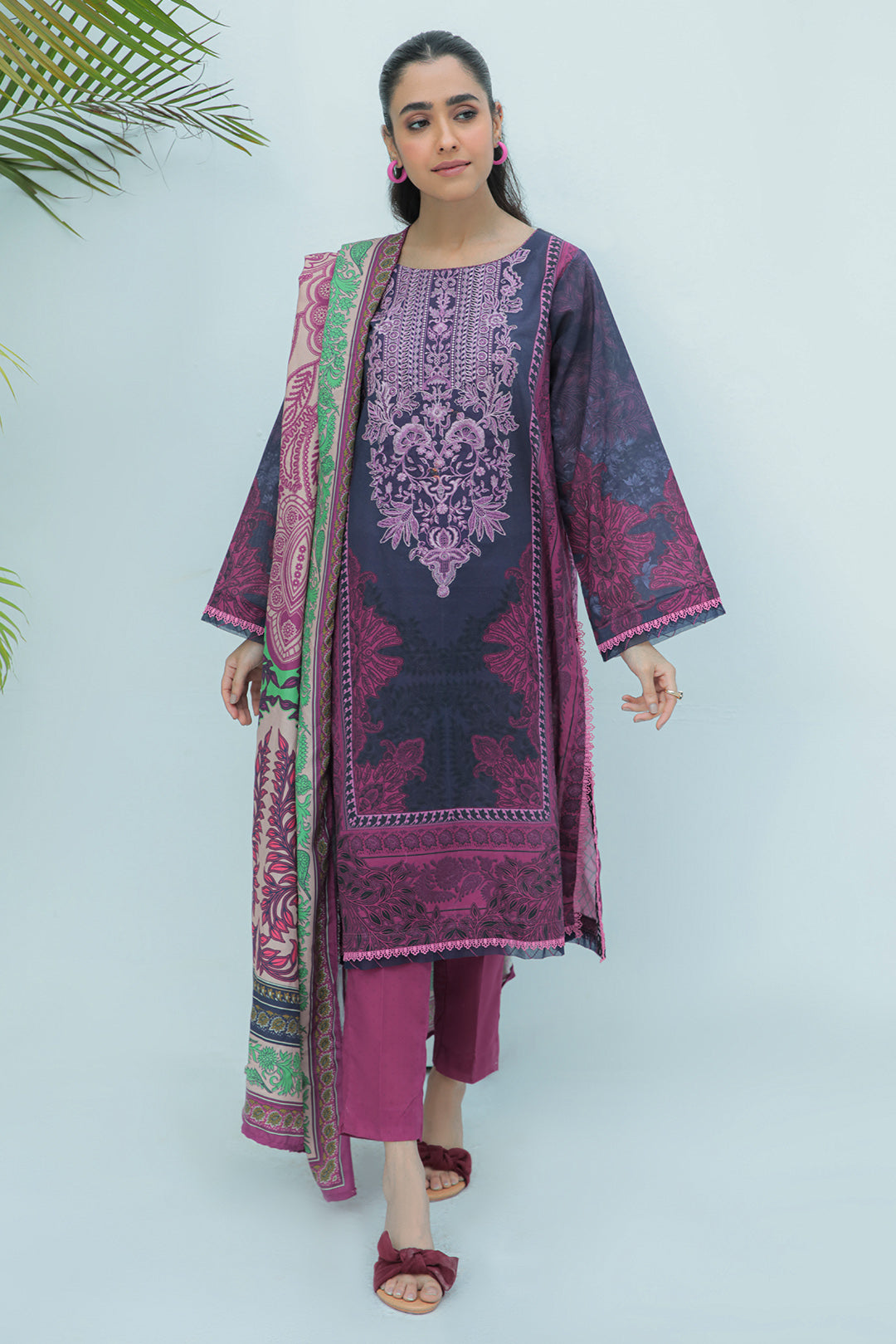 3 Piece  - Digital Printed Embroidered Plain Khaddar Suit P0041