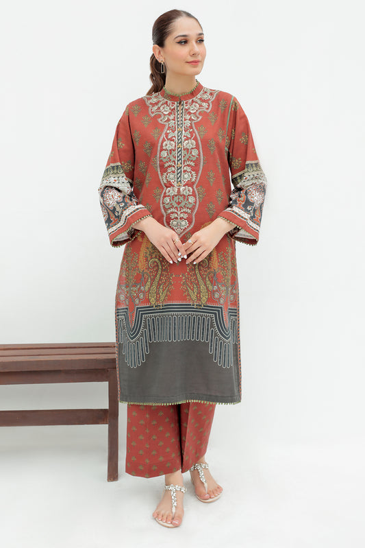 2 Piece - Embroidered Digital Printed Slub Khaddar Suit P0252