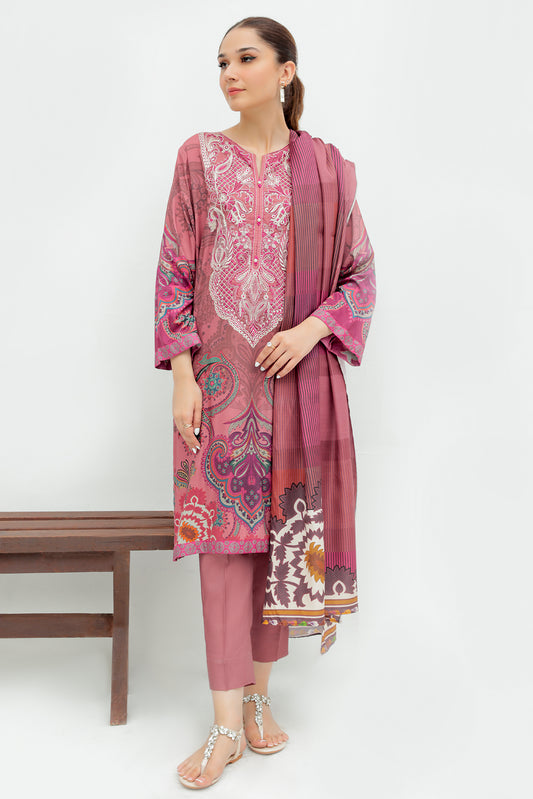 3 Piece - Embroidered Digital Printed Linen Suit P0282