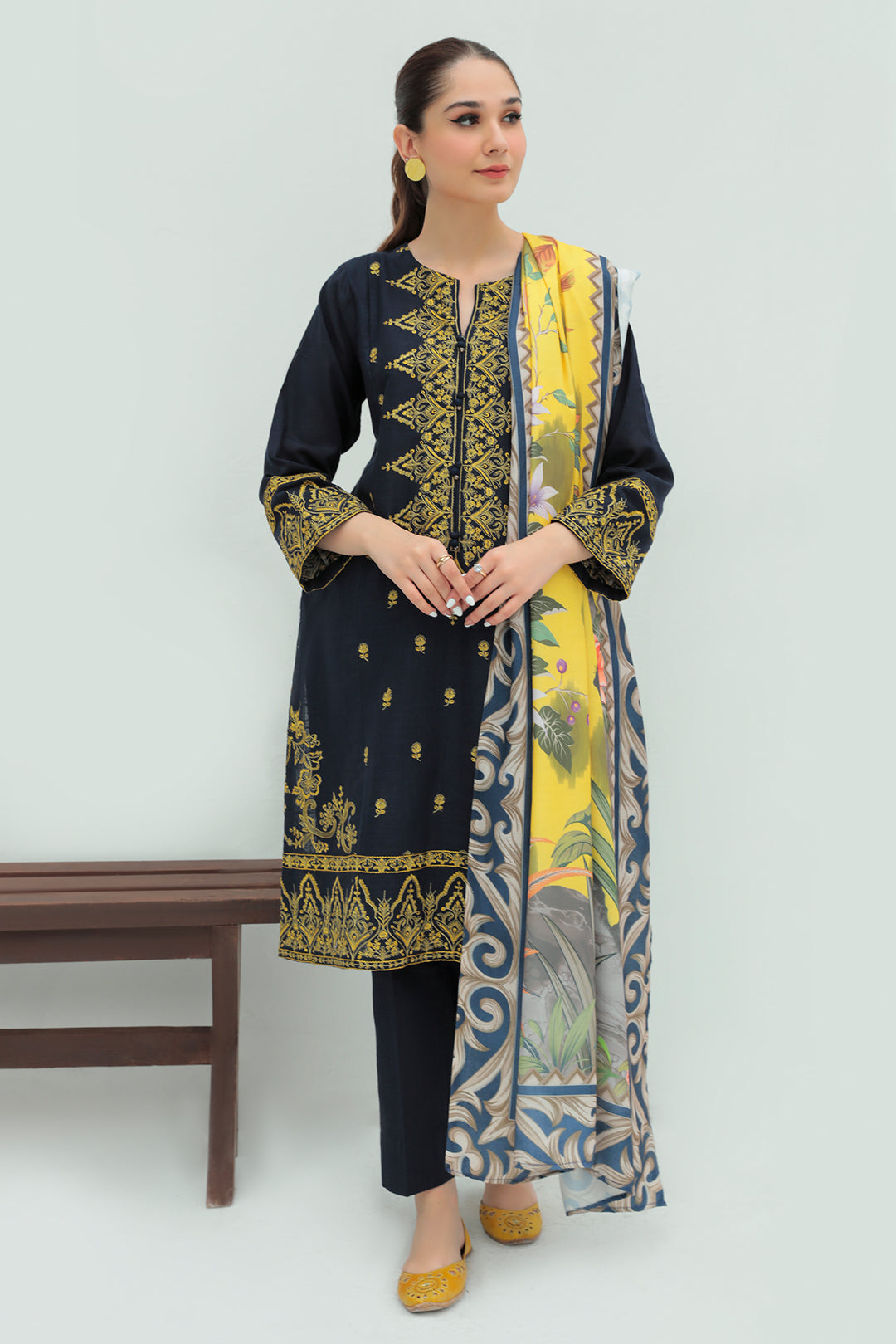 3 Piece - Dyed Embroidered Slub Khaddar Suit P0284
