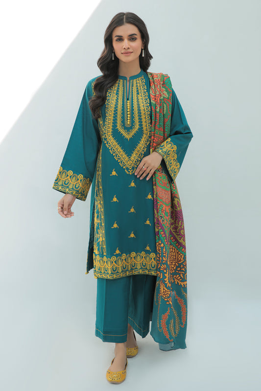 3 Piece  - Dyed Embroidered Textured Slub Khaddar Suit P0285