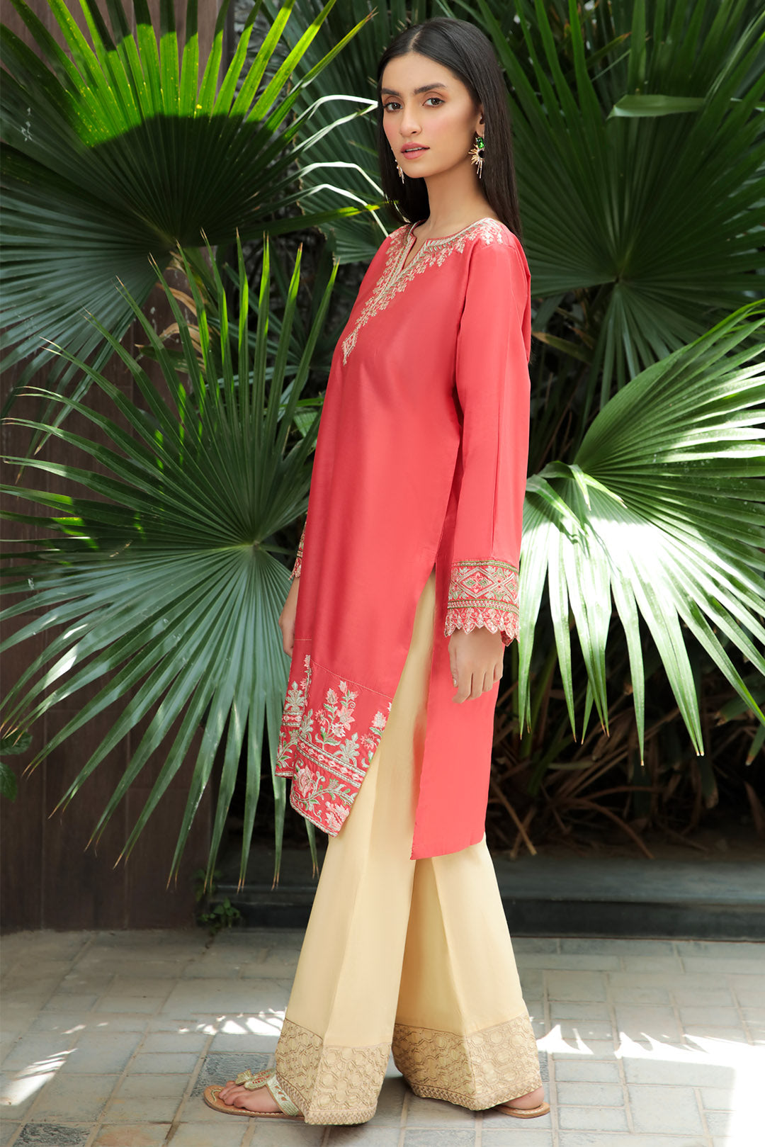 Single Shirt Lawn Solid Dyed With Embroidery P2066 - Coral (S0)