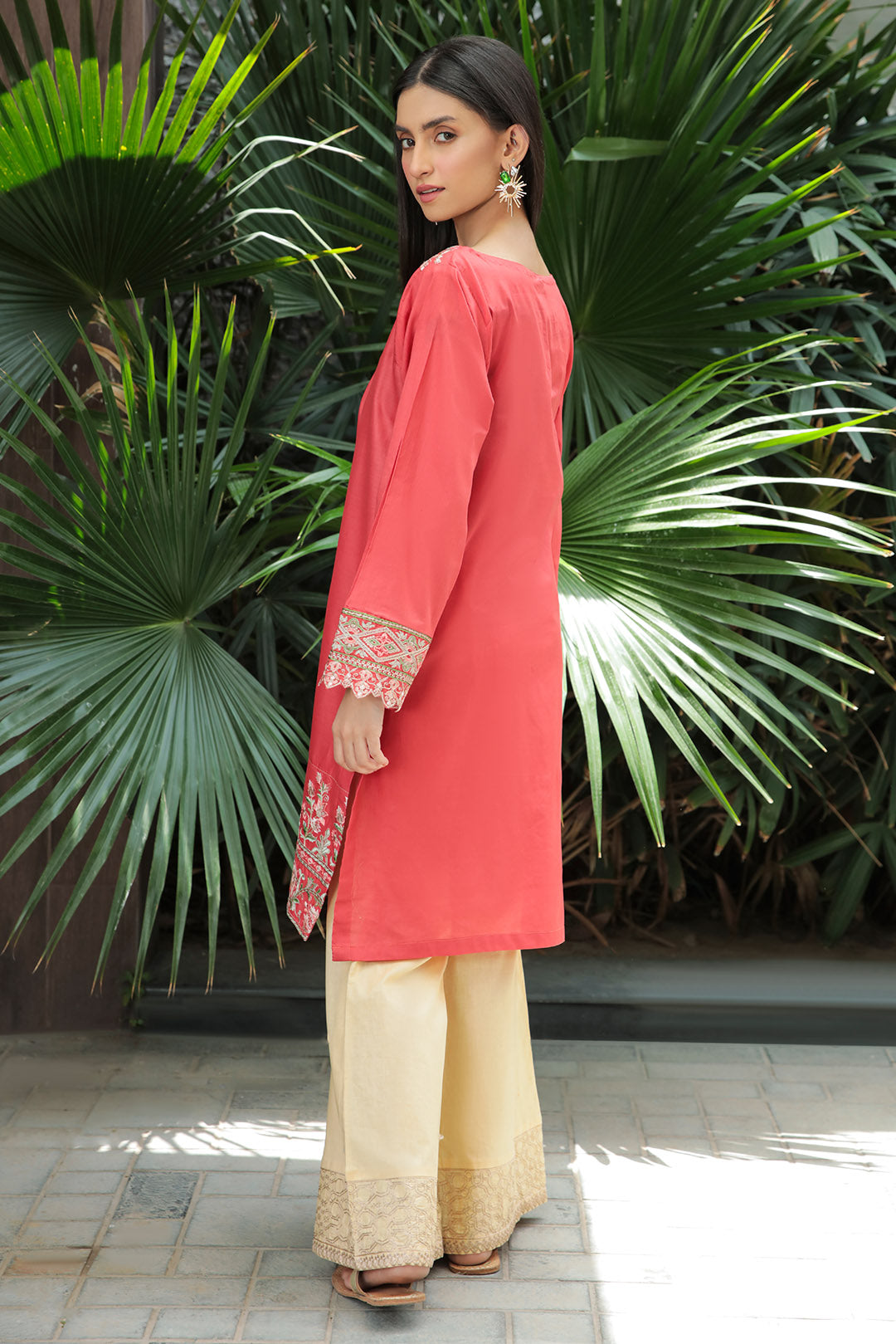 Single Shirt Lawn Solid Dyed With Embroidery P2066 - Coral (S0)