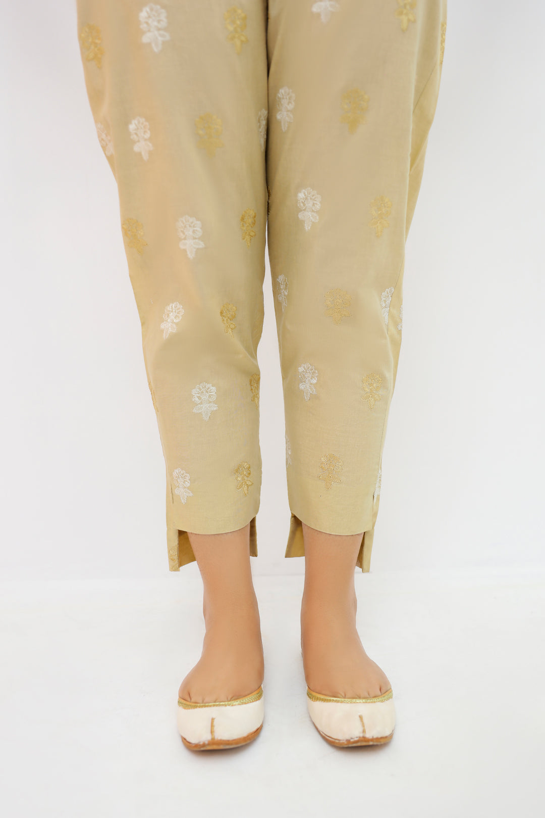 Beige Straight Cambric Embroidered Trouser - P2116