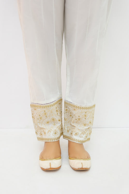 Off White Straight Cambric Embroidered Trouser - P2118