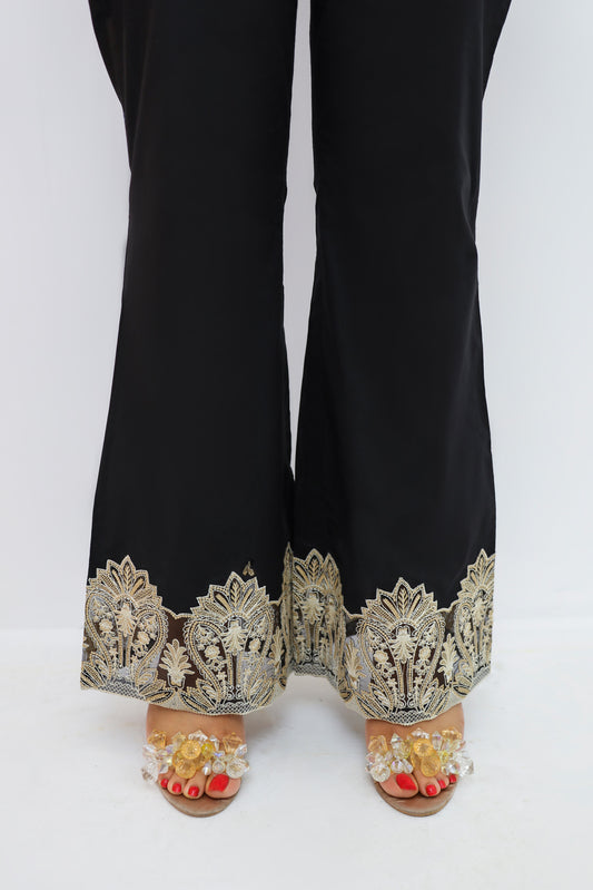 Black Cambric Boot Cut Embroidered Trouser - P2127
