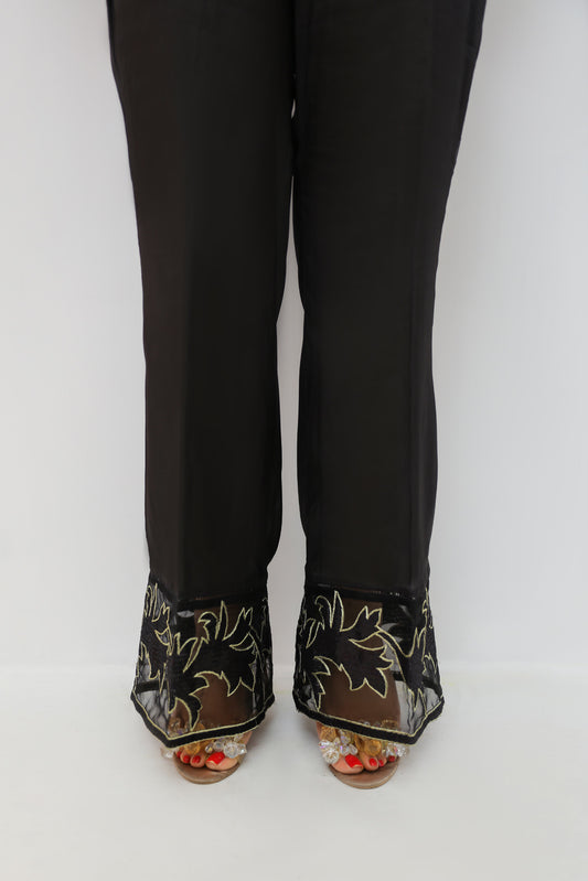 Black Silk Boot Cut Embroidered Trouser - P2446
