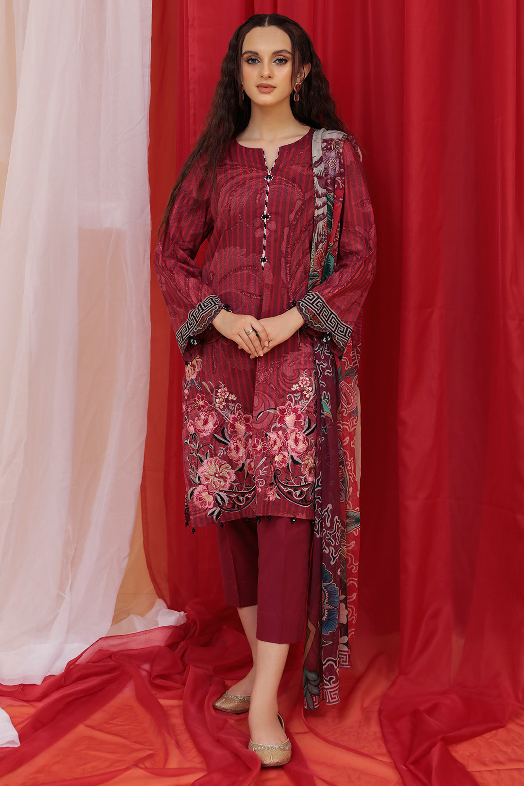 3PC Lawn with Embroidery - Red U2174