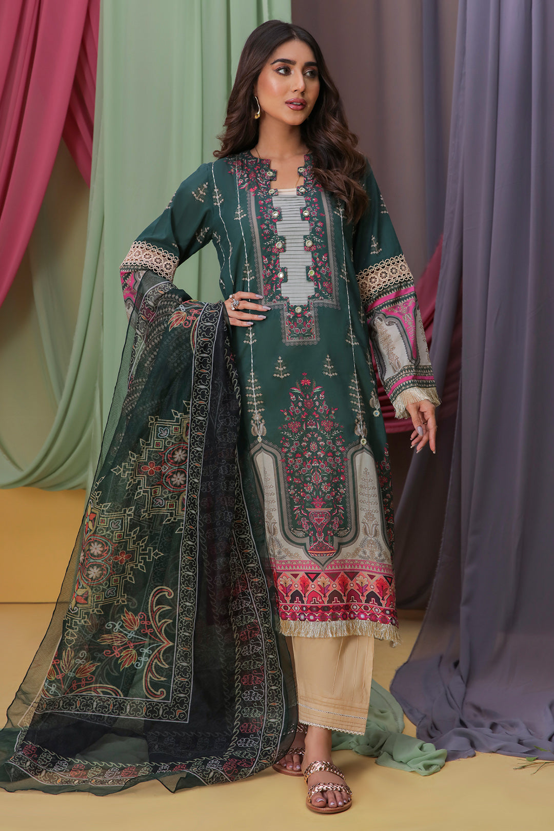 2PC Digital Printed Texture Lawn With Rajo Net Dupata U2782