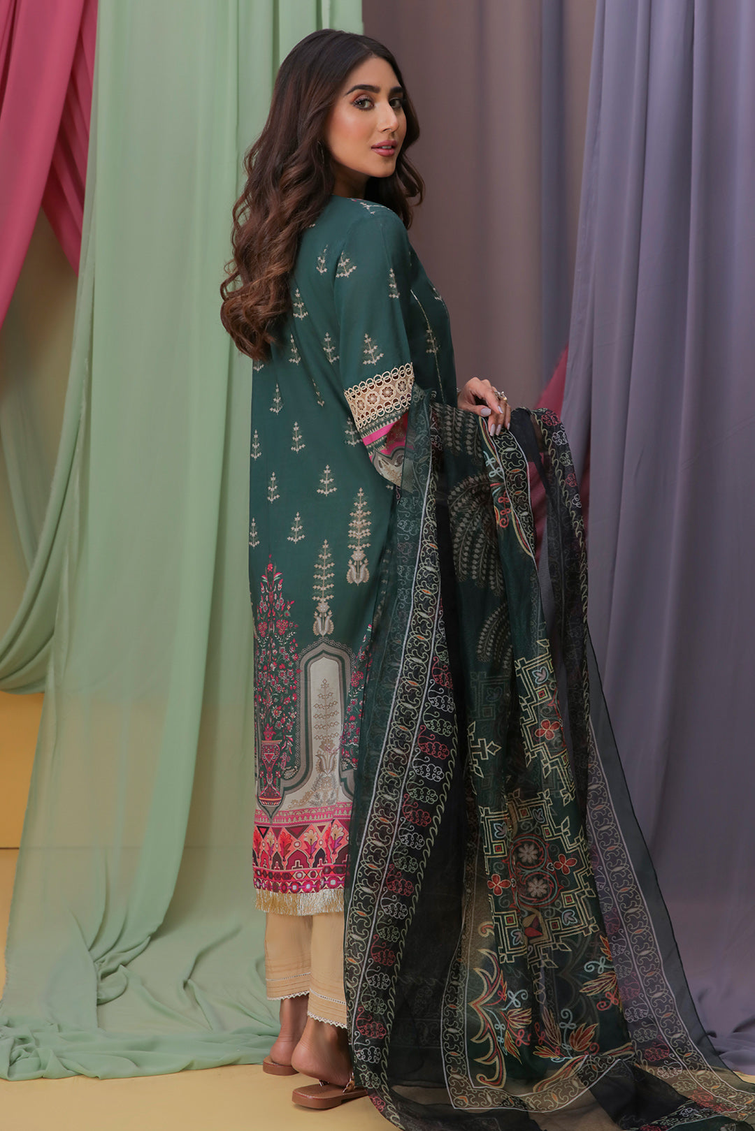 2PC Digital Printed Texture Lawn With Rajo Net Dupata U2782